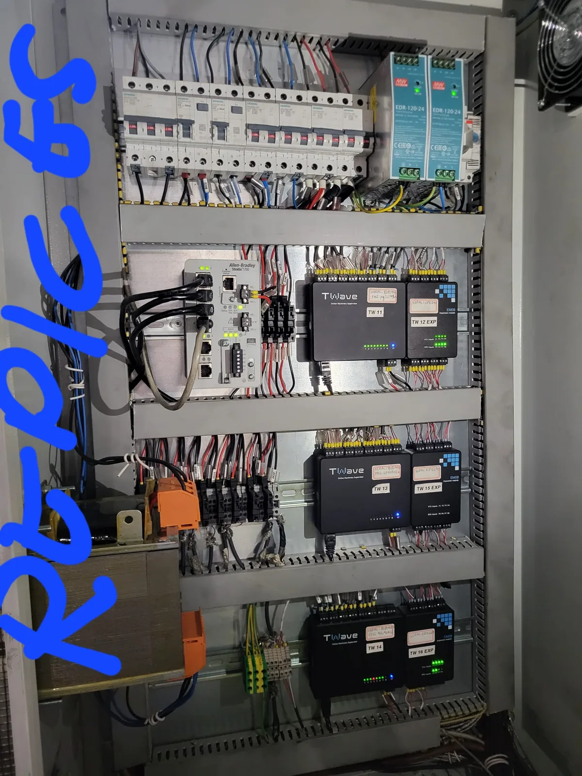 Quadro di automazione industriale con PLC e moduli di controllo